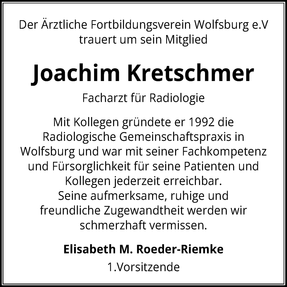  Traueranzeige für Joachim Kretschmer vom 24.01.2023 aus Aller Zeitung