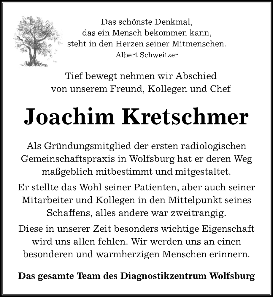  Traueranzeige für Joachim Kretschmer vom 21.01.2023 aus Aller Zeitung