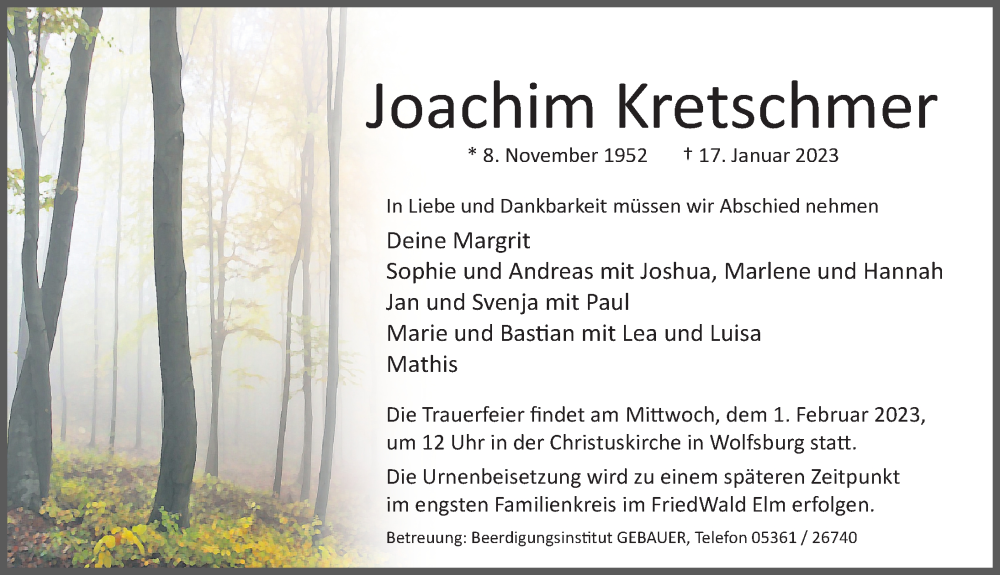  Traueranzeige für Joachim Kretschmer vom 21.01.2023 aus Aller Zeitung