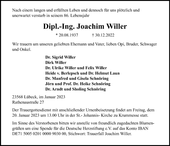 Traueranzeige von Joachim Willer von Lübecker Nachrichten
