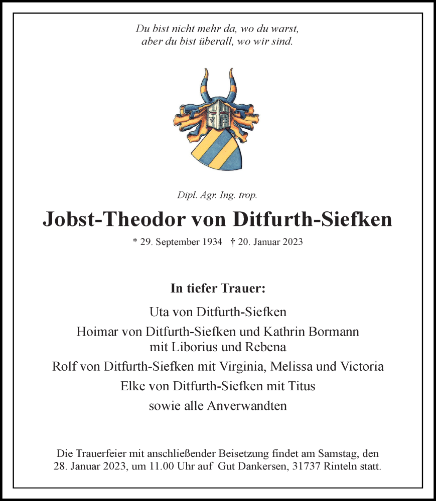  Traueranzeige für Jobst-Theodor von Ditfurth-Siefken vom 25.01.2023 aus Schaumburger Nachrichten