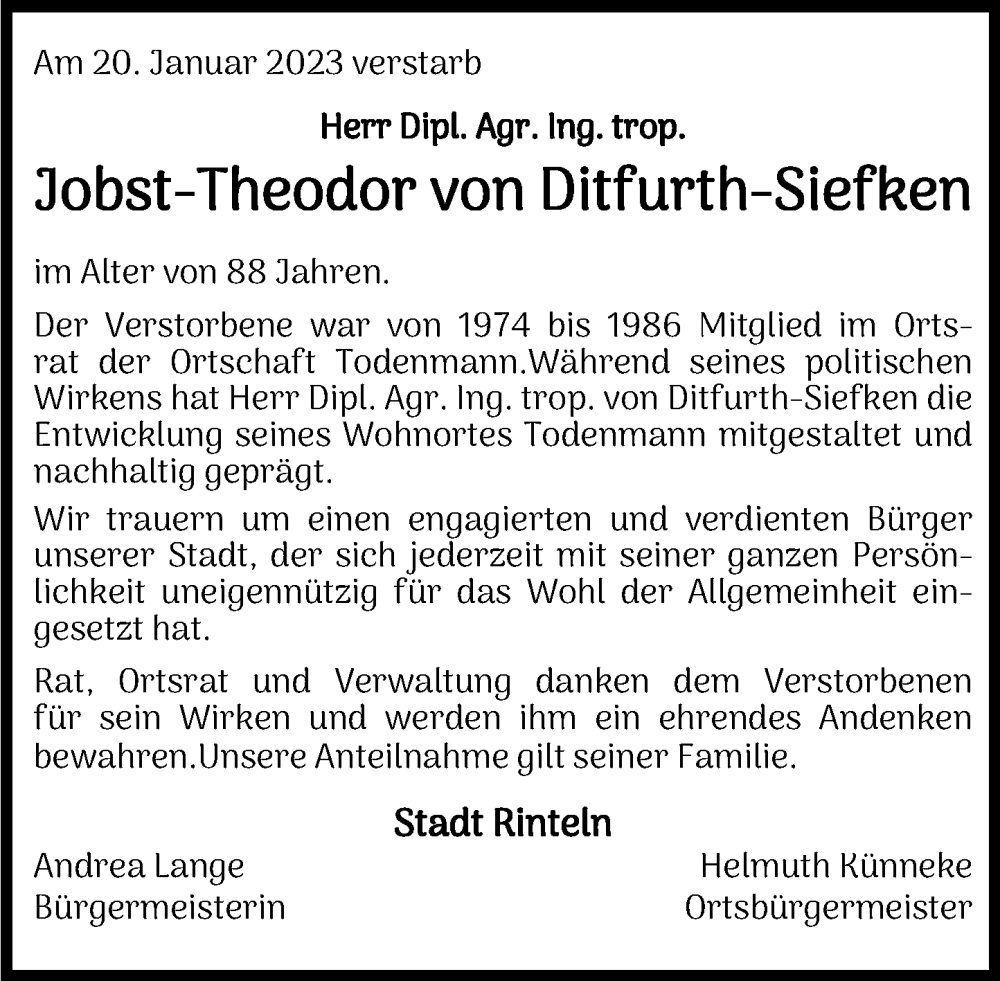  Traueranzeige für Jobst-Theodor von Ditfurth-Siefken vom 28.01.2023 aus Schaumburger Nachrichten