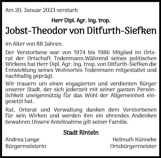 Traueranzeige von Jobst-Theodor von Ditfurth-Siefken von Schaumburger Nachrichten