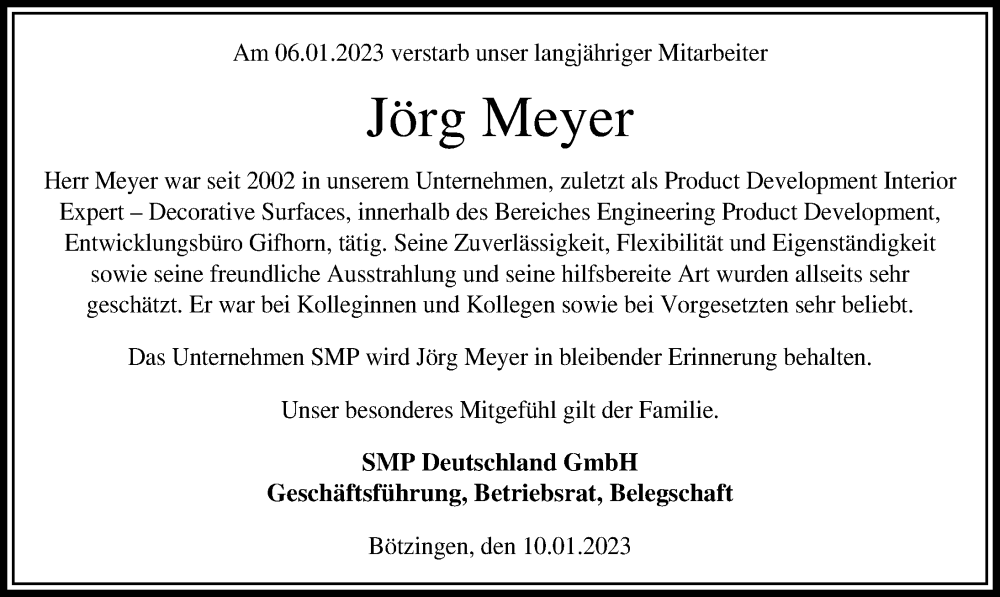  Traueranzeige für Jörg Meyer vom 14.01.2023 aus Aller Zeitung