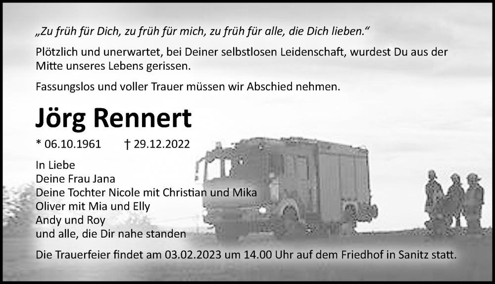  Traueranzeige für Jörg Rennert vom 07.01.2023 aus Ostsee-Zeitung GmbH