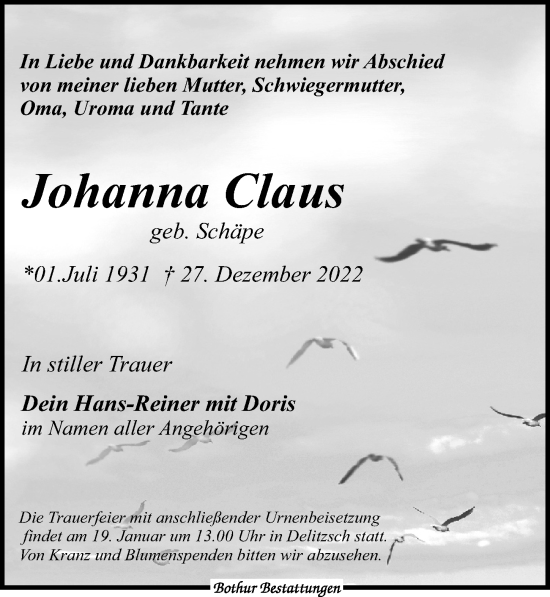 Traueranzeige von Johanna Claus von Leipziger Volkszeitung