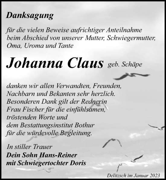 Traueranzeige von Johanna Claus von Leipziger Volkszeitung