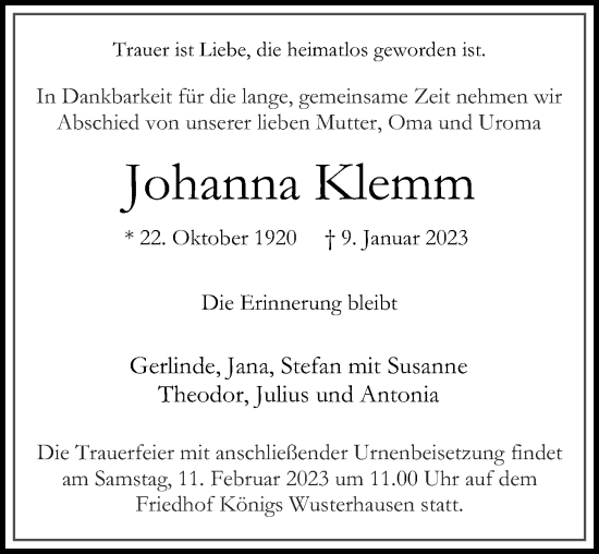 Traueranzeige von Johanna Klemm von Märkischen Allgemeine Zeitung