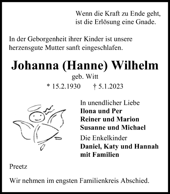 Traueranzeige von Johanna Wilhelm von Kieler Nachrichten