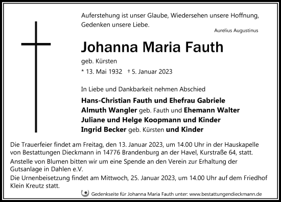 Traueranzeige von Johanna Maria Fauth von Märkischen Allgemeine Zeitung