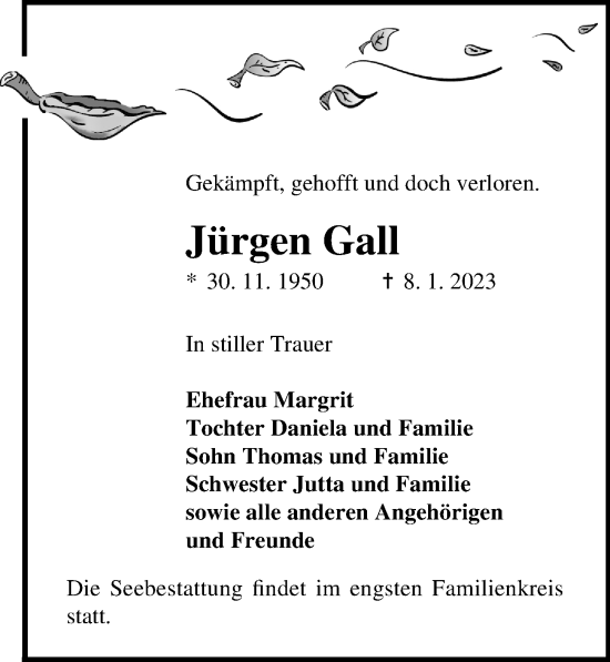 Traueranzeige von Jürgen Gall von Ostsee-Zeitung GmbH