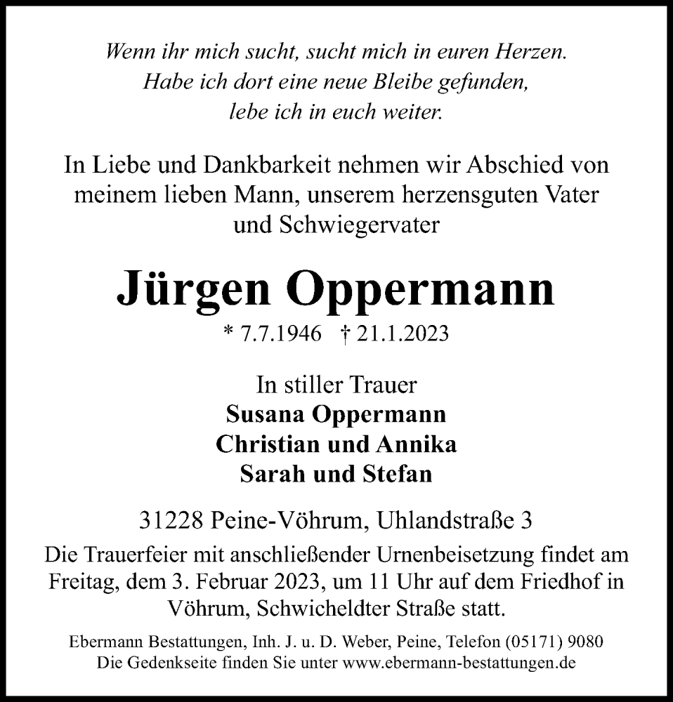  Traueranzeige für Jürgen Oppermann vom 28.01.2023 aus Peiner Allgemeine Zeitung