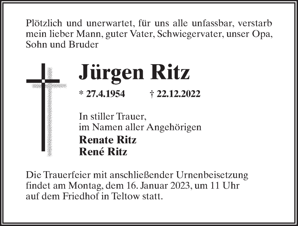  Traueranzeige für Jürgen Ritz vom 07.01.2023 aus Märkischen Allgemeine Zeitung
