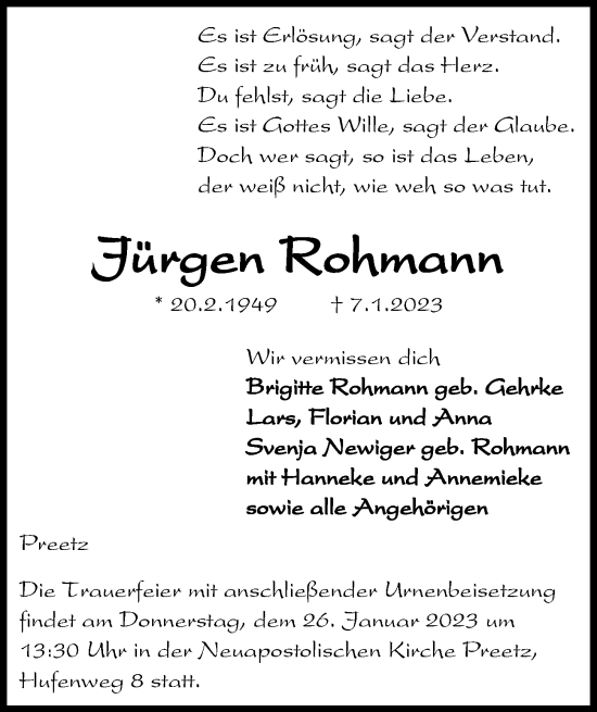 Traueranzeige von Jürgen Rohmann von Kieler Nachrichten