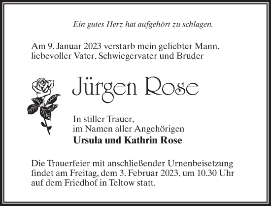 Traueranzeige von Jürgen Rose von Märkischen Allgemeine Zeitung