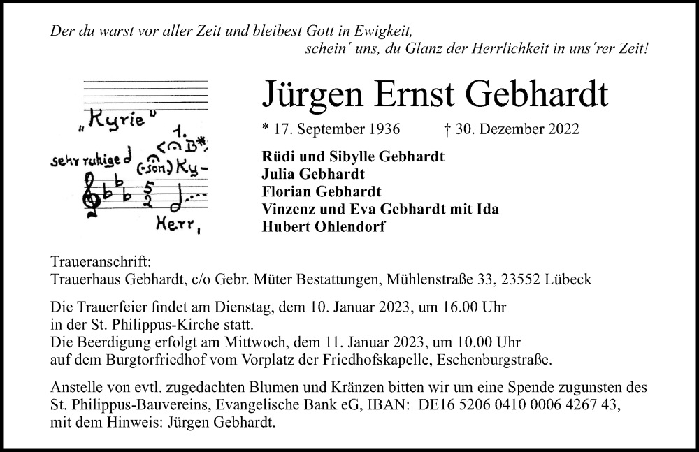  Traueranzeige für Jürgen Ernst Gebhardt vom 08.01.2023 aus Lübecker Nachrichten