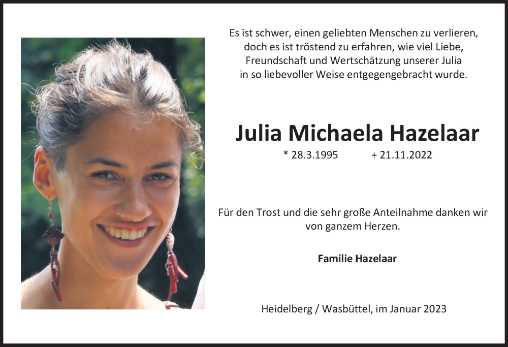  Traueranzeige für Julia Michaela Hazelaar vom 21.01.2023 aus Aller Zeitung