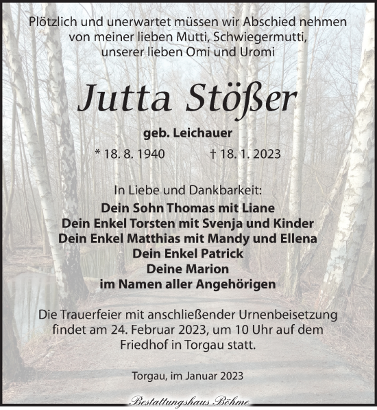 Traueranzeige von Jutta Stößer von Torgauer Zeitung