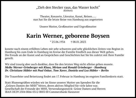 Traueranzeige von Karin Werner von Hannoversche Allgemeine Zeitung/Neue Presse