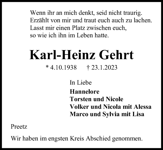 Traueranzeige von Karl-Heinz Gehrt von Kieler Nachrichten