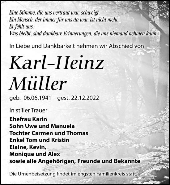 Traueranzeige von Karl-Heinz Müller von Leipziger Volkszeitung