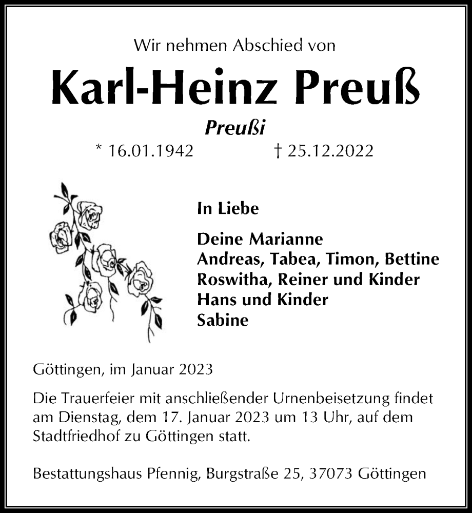  Traueranzeige für Karl-Heinz Preuß vom 07.01.2023 aus Göttinger Tageblatt