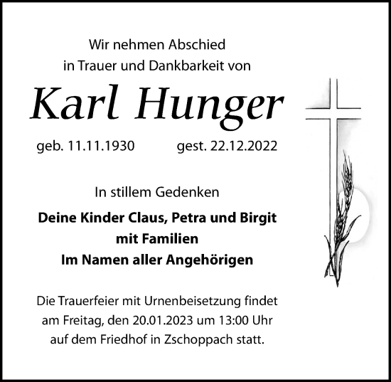 Traueranzeige von Karl Hunger von Leipziger Volkszeitung