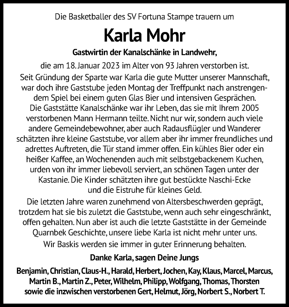  Traueranzeige für Karla Mohr vom 28.01.2023 aus Kieler Nachrichten
