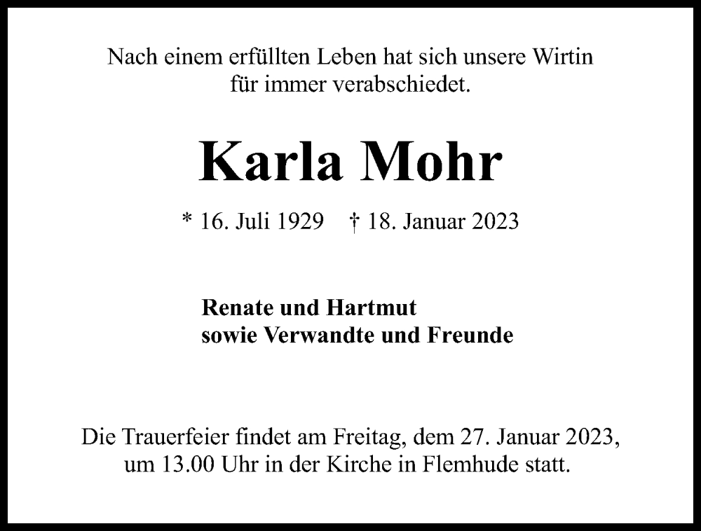  Traueranzeige für Karla Mohr vom 25.01.2023 aus Kieler Nachrichten