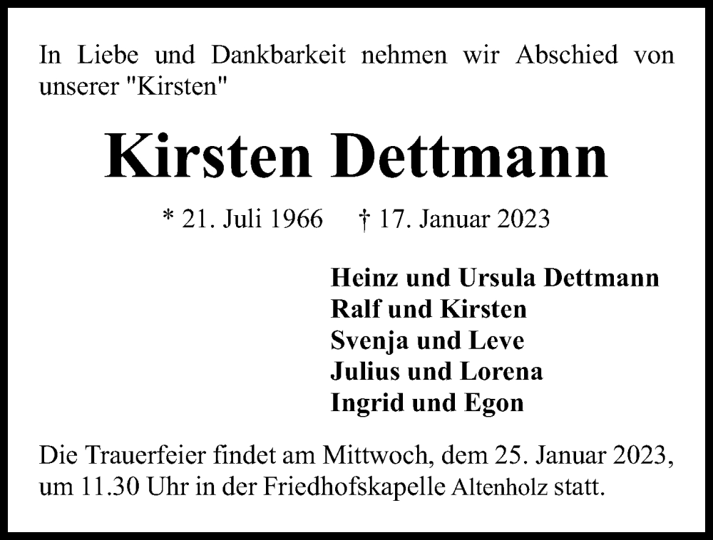  Traueranzeige für Kirsten Dettmann vom 21.01.2023 aus Kieler Nachrichten