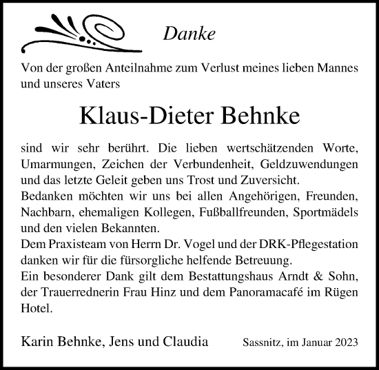 Traueranzeige von Klaus-Dieter Behnke von Ostsee-Zeitung GmbH