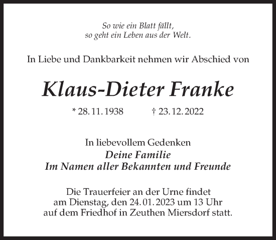 Traueranzeige von Klaus-Dieter Franke