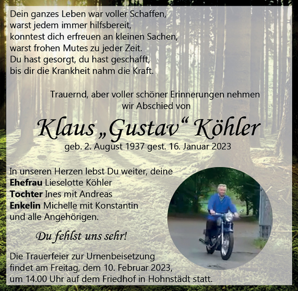  Traueranzeige für Klaus Köhler vom 21.01.2023 aus Leipziger Volkszeitung