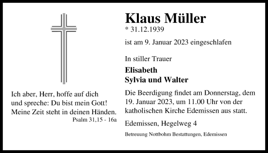 Traueranzeige von Klaus Müller von Peiner Allgemeine Zeitung