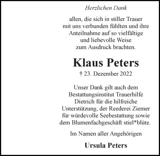 Traueranzeige von Klaus Peters von Ostsee-Zeitung GmbH