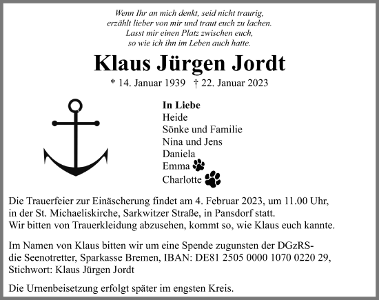 Traueranzeige von Klaus Jürgen Jordt von Lübecker Nachrichten
