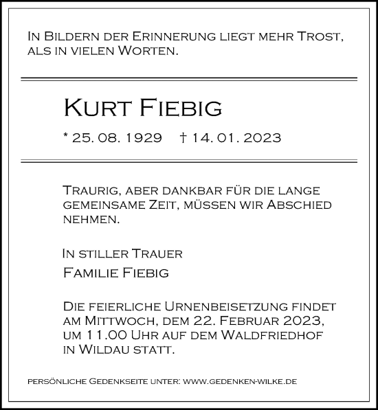 Traueranzeige von Kurt Fiebig von Märkischen Allgemeine Zeitung