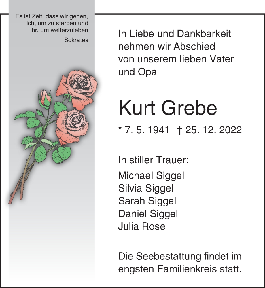  Traueranzeige für Kurt Grebe vom 22.01.2023 aus Lübecker Nachrichten