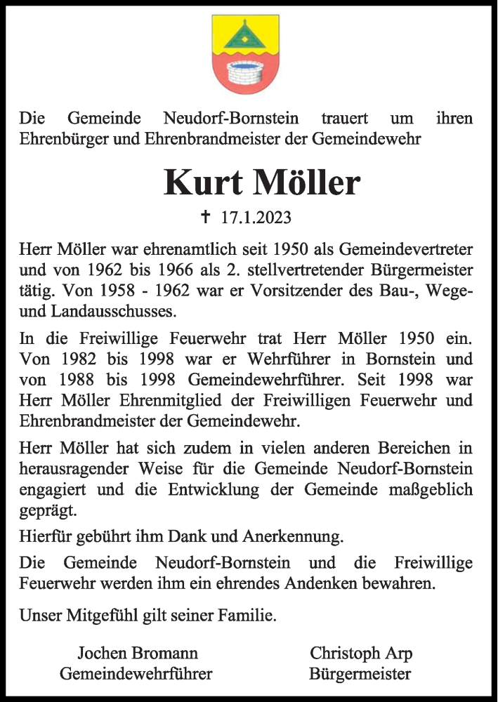  Traueranzeige für Kurt Möller vom 21.01.2023 aus Kieler Nachrichten