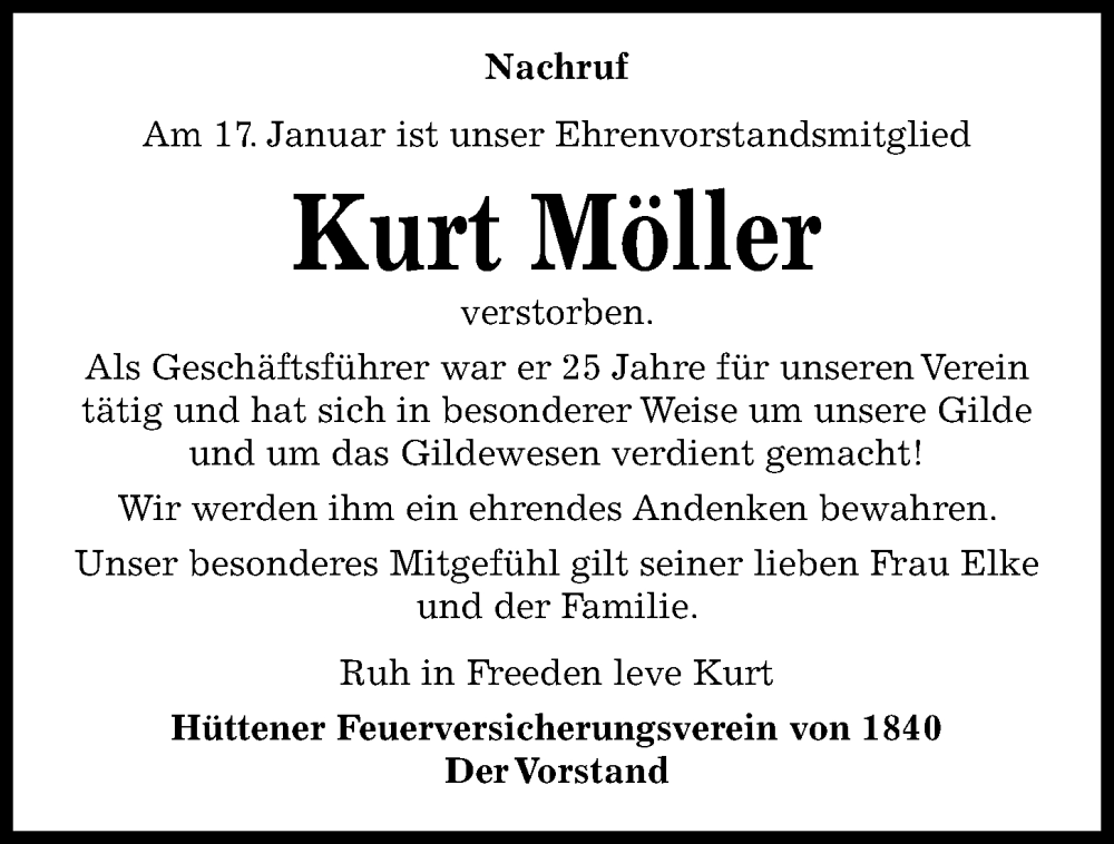  Traueranzeige für Kurt Möller vom 28.01.2023 aus Kieler Nachrichten
