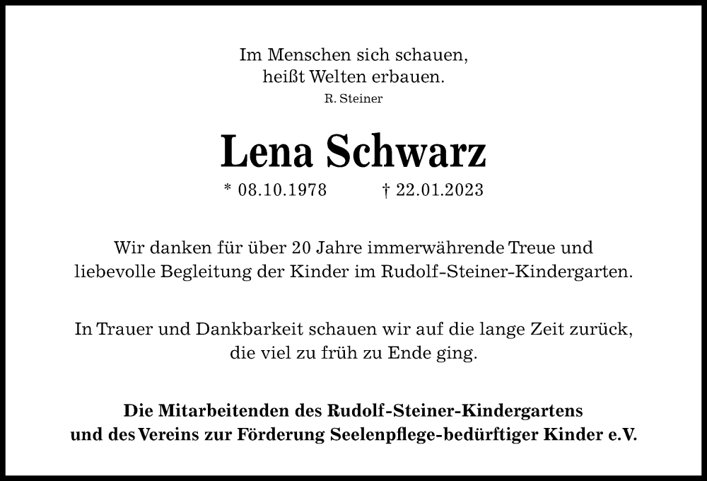  Traueranzeige für Lena Schwarz vom 28.01.2023 aus Kieler Nachrichten