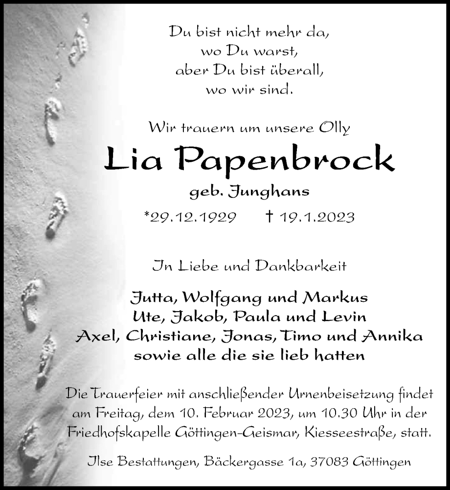 Traueranzeigen von Lia Papenbrock trauer anzeigen.de