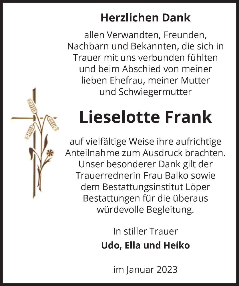  Traueranzeige für Lieselotte Frank vom 31.01.2023 aus Peiner Allgemeine Zeitung