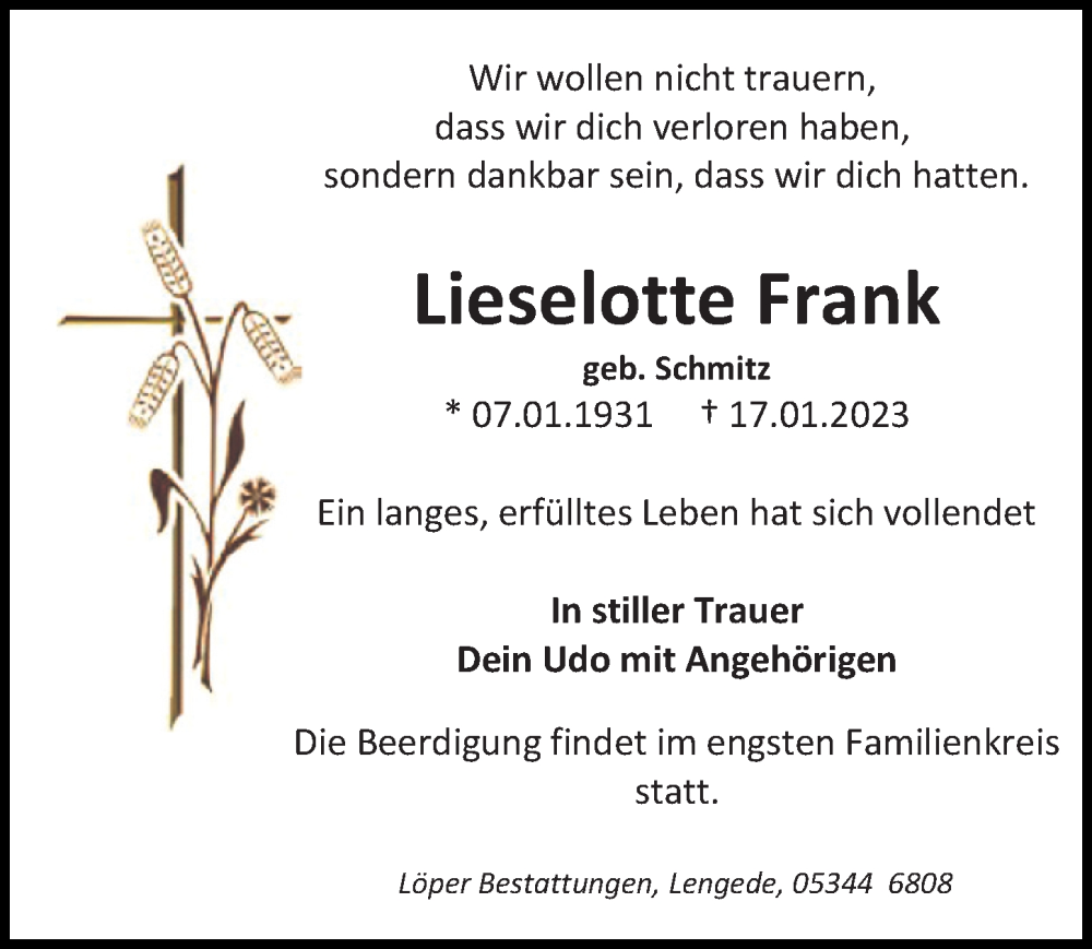  Traueranzeige für Lieselotte Frank vom 20.01.2023 aus Peiner Allgemeine Zeitung