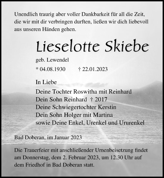 Traueranzeige von Lieselotte Skiebe von Ostsee-Zeitung GmbH