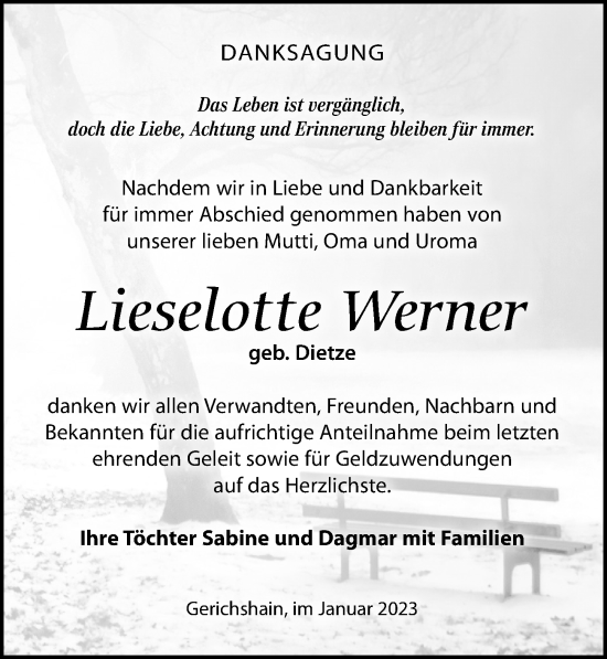 Traueranzeige von Lieselotte Werner von Leipziger Volkszeitung