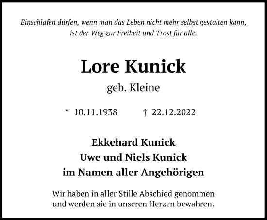 Traueranzeige von Lore Kunick von Leipziger Volkszeitung