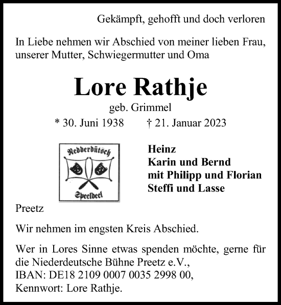 Traueranzeige von Lore Rathje von Kieler Nachrichten