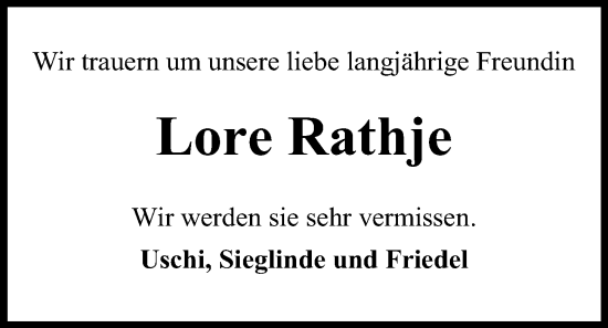 Traueranzeige von Lore Rathje von Kieler Nachrichten