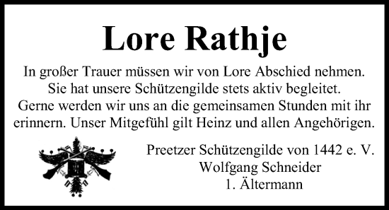 Traueranzeige von Lore Rathje von Kieler Nachrichten